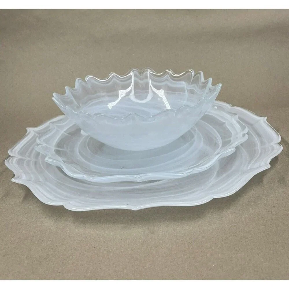 Artistic Accents Turkish Glass 4 Plates Set Entrée Dinner White Swirl 11